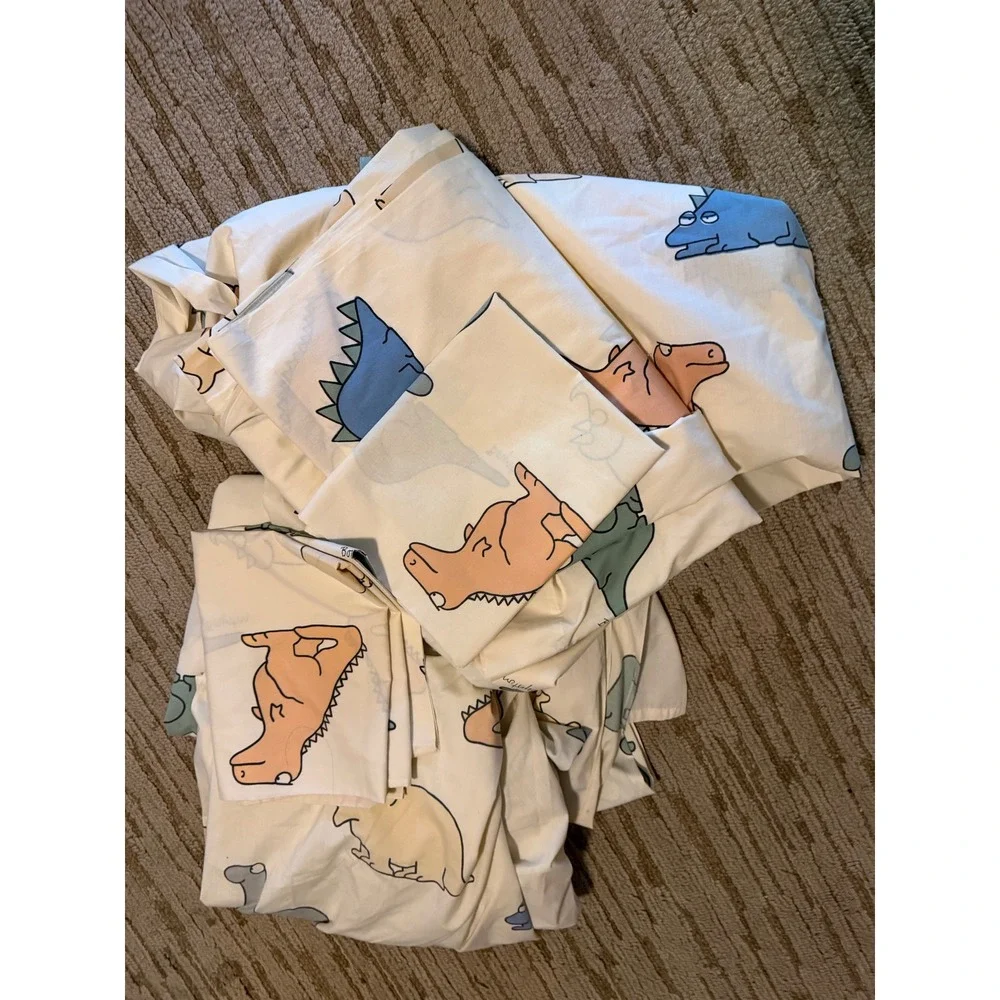 VTG 2 sets 1986 Sandra Boynton for Martex Dinosaur Sheet Set Percale Cream 80s